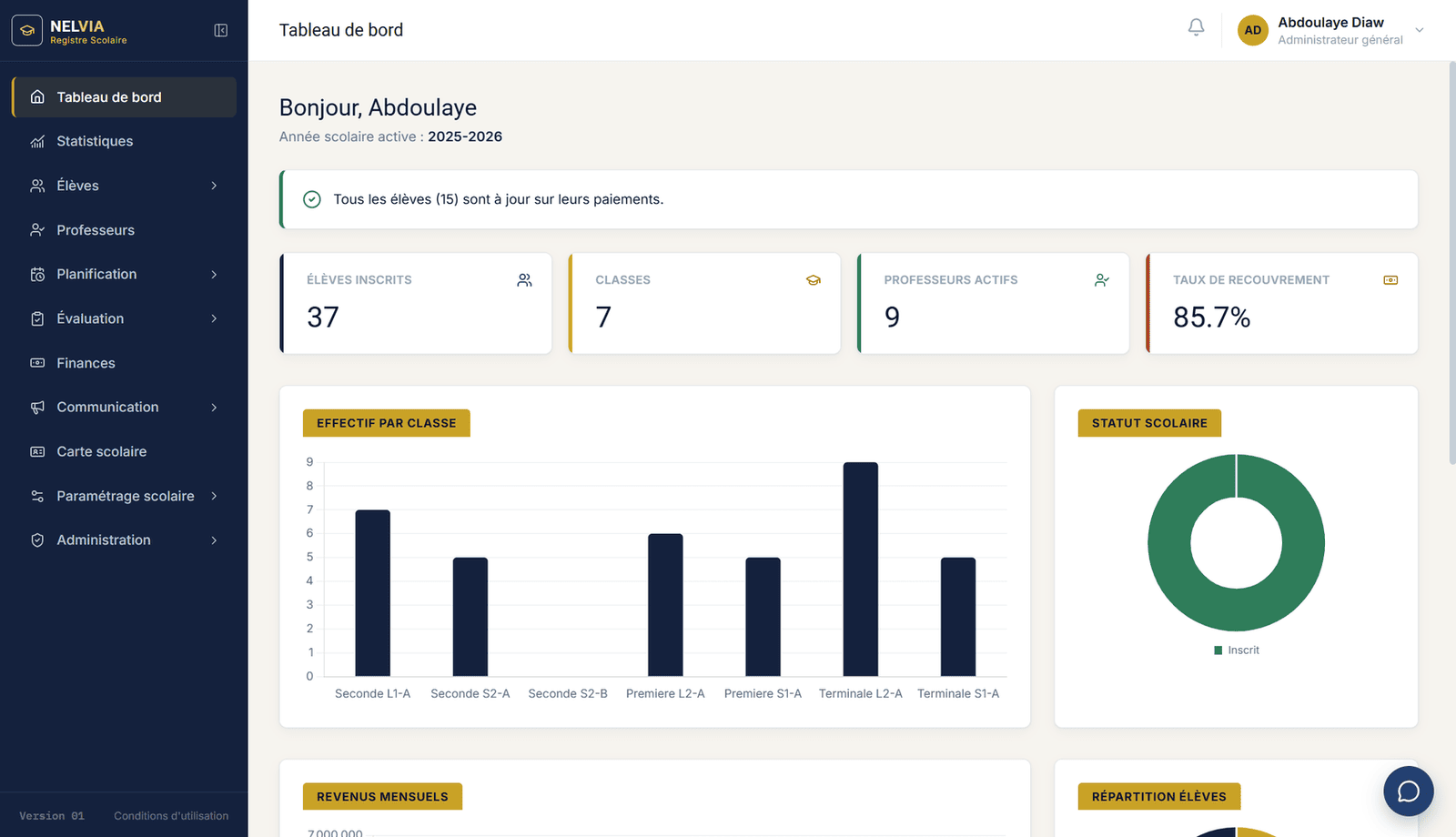NELVIA school management dashboard