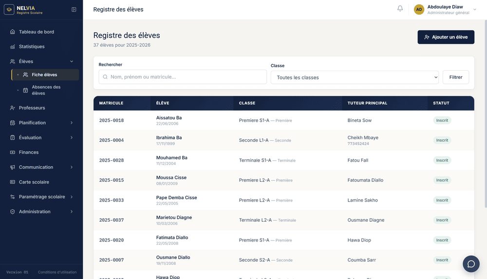 NELVIA student registry screen