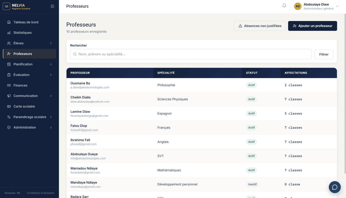 NELVIA teacher management screen