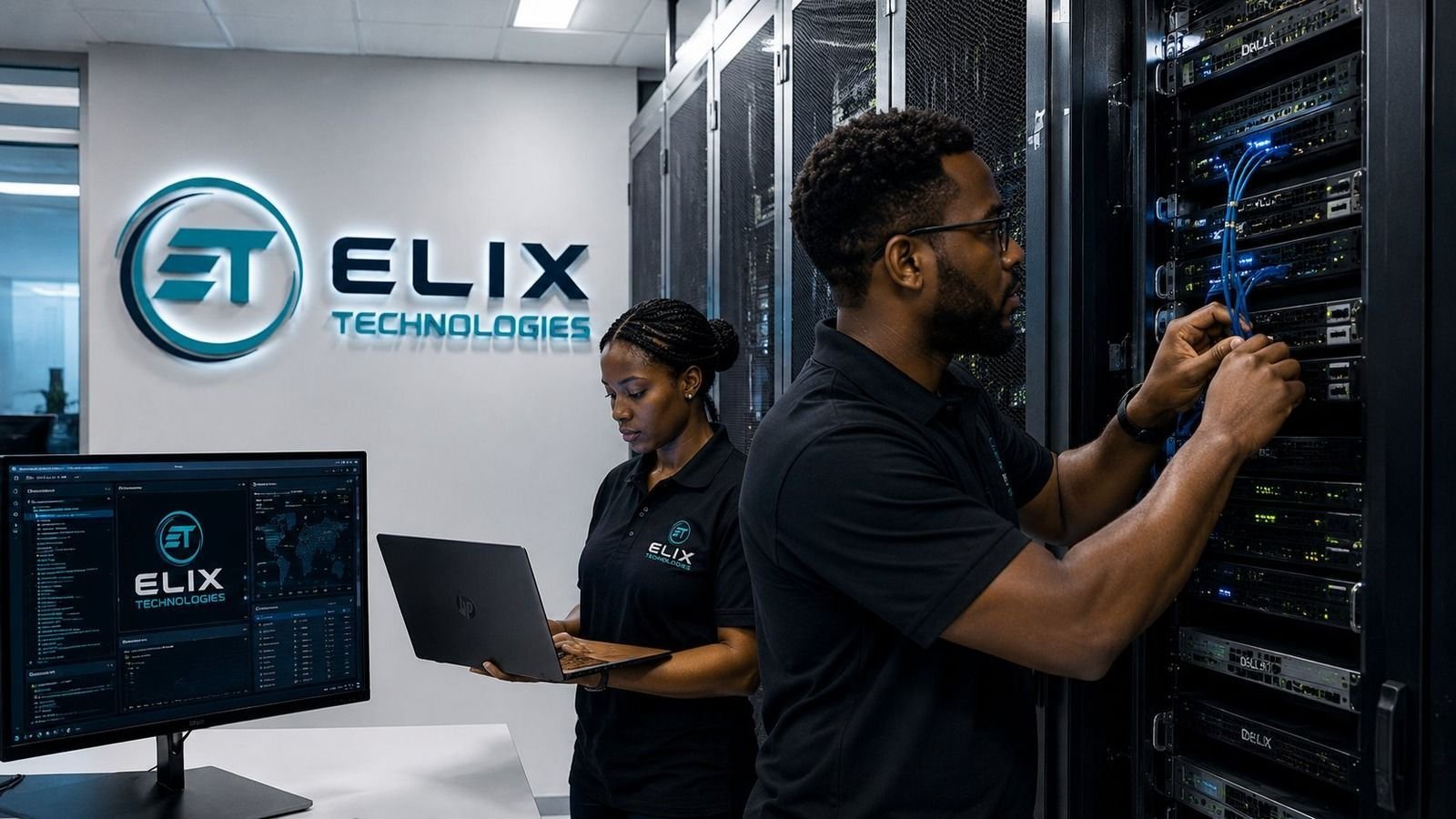 Elix Technologies team managing cloud infrastructure and network security in the server room