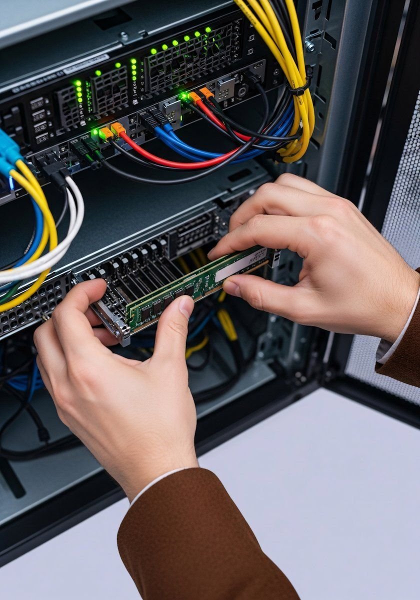 IT technician installing a memory module in a server rack