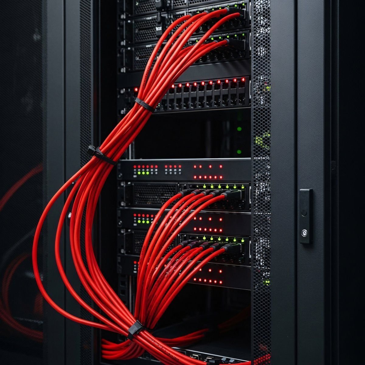 Close-up of red network cables organized in a server rack